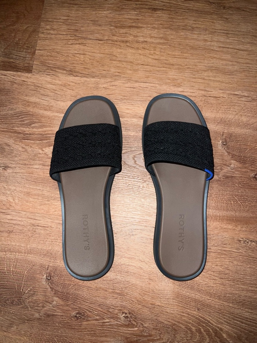 Rothy's Black Slide Sandals with Brown Footbed